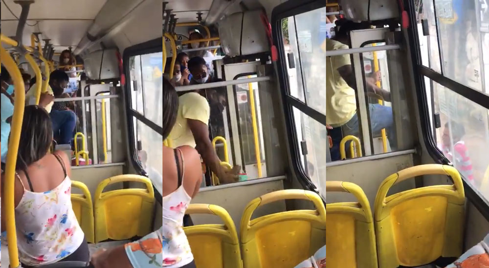 Mulher é agredida e expulsa de um ônibus a chutes, por estar sem máscara.