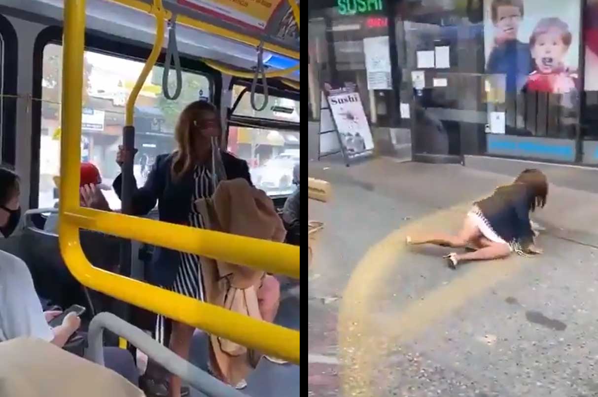 Mulher é empurrada para fora de ônibus após cuspir em passageiro, veja o vídeo. Foto: reprodução Twitter