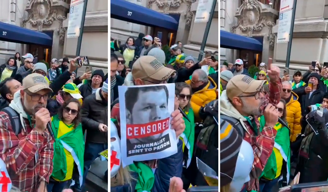 VÍDEO: Allan dos Santos protesta em frente a hotel de Moraes em Nova York