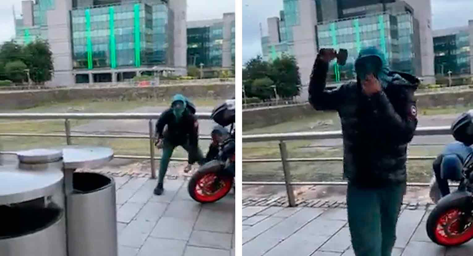 Video: Diebe drohen Mann, der einen Motorraddiebstahl aufzeichnet. Bilder: Wiedergabe Twitter @VideosIrish