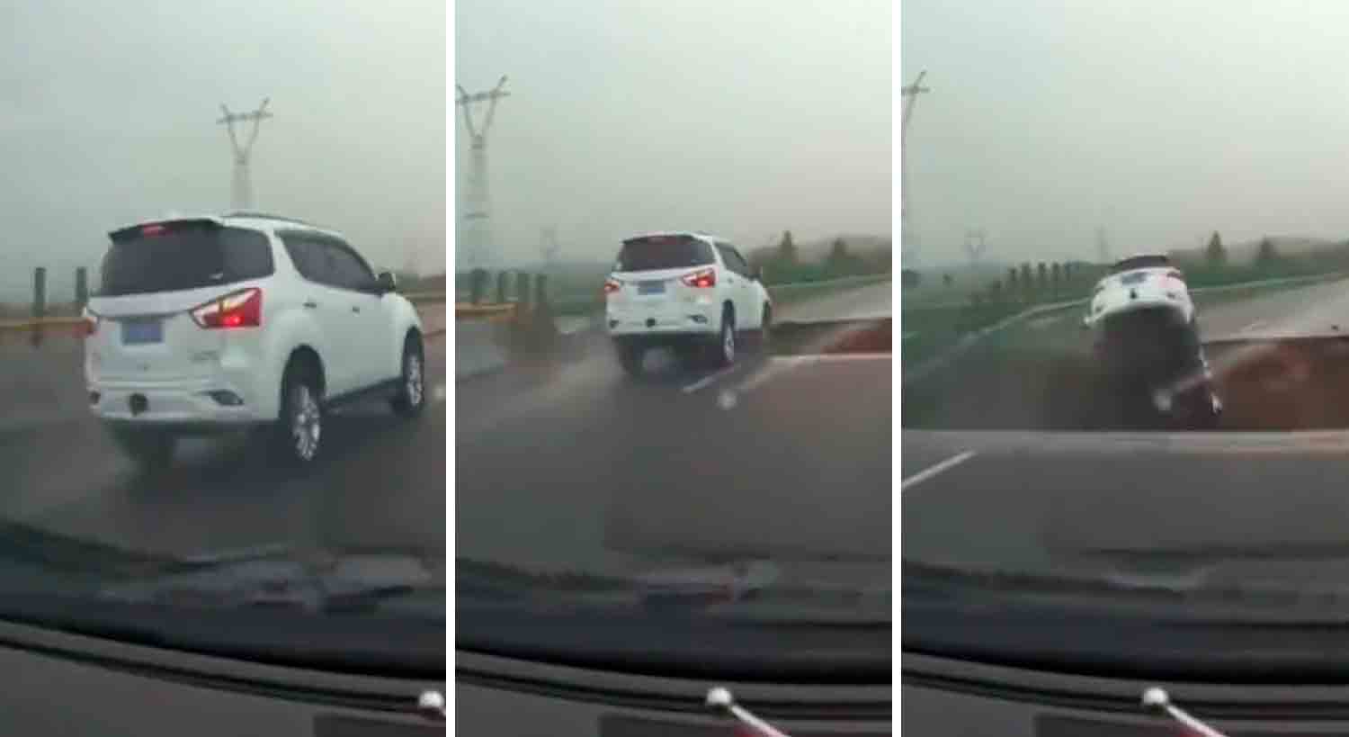Vídeo mostra carro sendo engolido por buraco na estrada. Reprodução Twitter: @Top_Disaster
