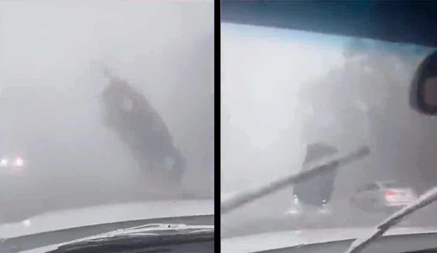 Video toont het moment waarop een auto de lucht in wordt geslingerd door de sterke winden veroorzaakt door Orkaan Idalia