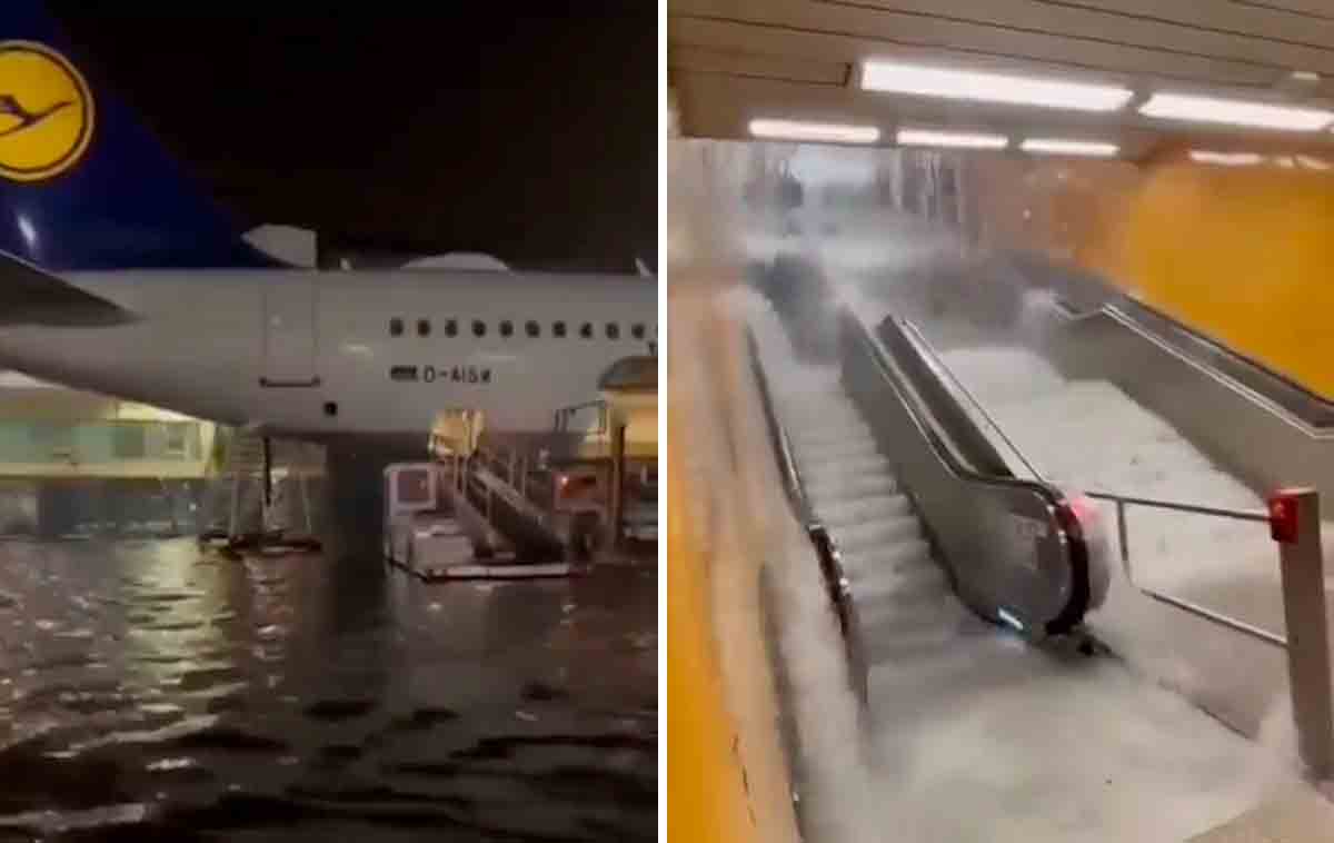 Videoen viser Frankfurt lufthavn helt oversvømmet. Foto: via Twitter