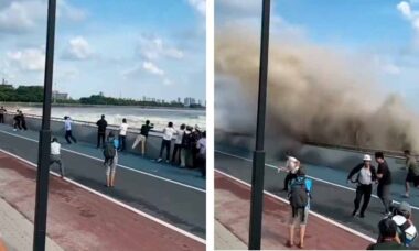 Vídeo captura momento em que onda gigante atinge turistas no rio Qiantang, na China