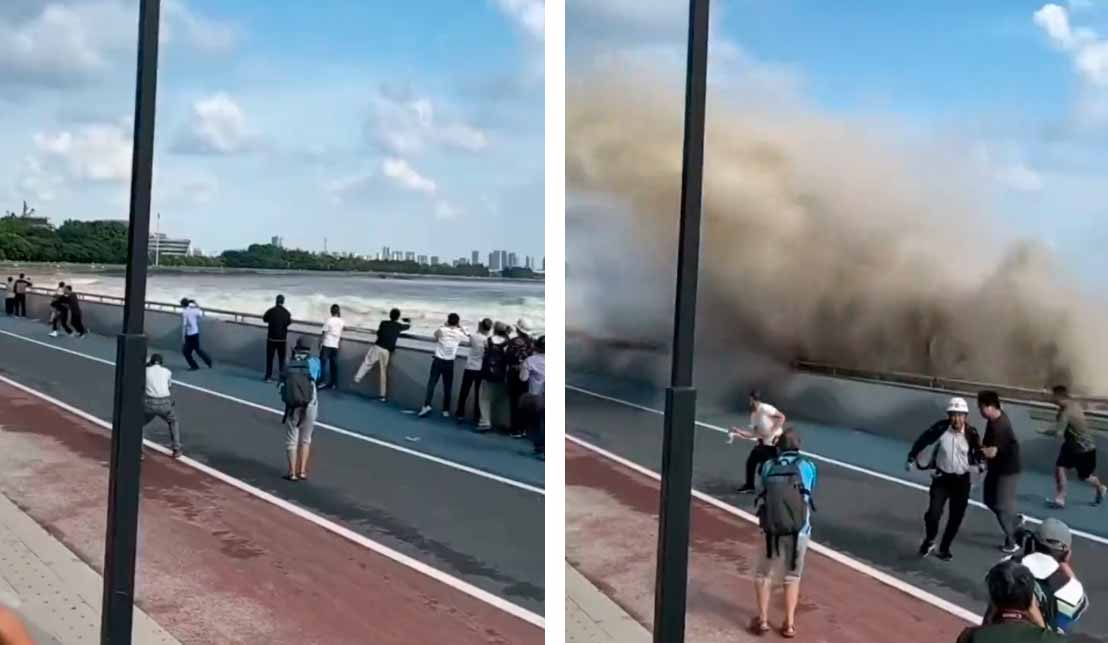 A videó rögzíti a pillanatot, amikor egy óriási hullám elérte a turistákat a Qiantang folyón, Kínában