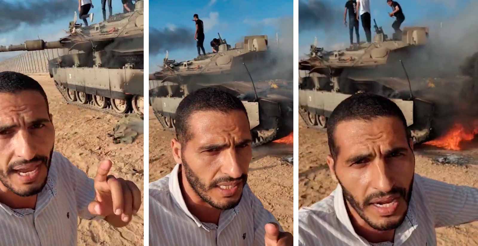 Vidéo montre un char israélien Merkava en flammes après avoir été détruit par des Palestiniens. Photo et vidéo : Telegram t.me/SputnikBrasil