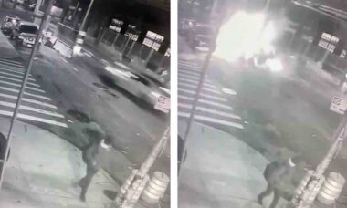Vídeo mostra momento em que Lamborghini atinge pilar do metrô e explode em Nova York. Foto e vídeo: Reprodução twitter @FlorenciLiranzo