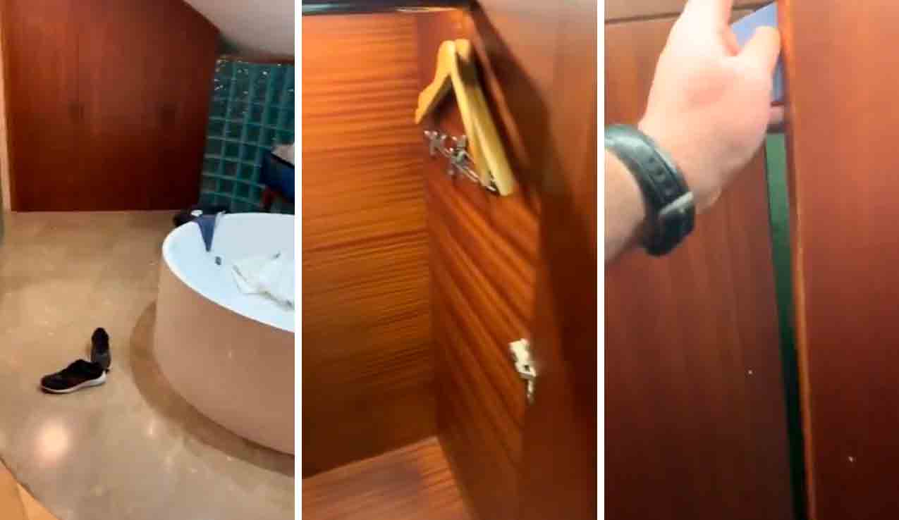 Vidéo : Une voyageuse découvre un passage mystérieux dans une armoire de chambre d'hôtel. Photo et vidéo : Reproduction Twitter @crazyclipsonly