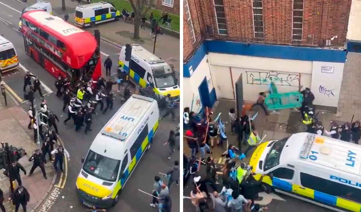 Video muestra multitud empuñando palos atacando a la policía de Londres. Fotos y vídeos: Reproducción twitter @darrengrimes_