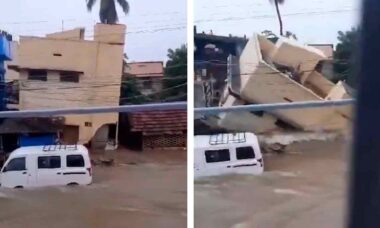 Vídeo mostra o momento em que casa desaba após fortes chuvas na Índia. Foto e vídeo: Reprodução Twitter @TenkasiWeather