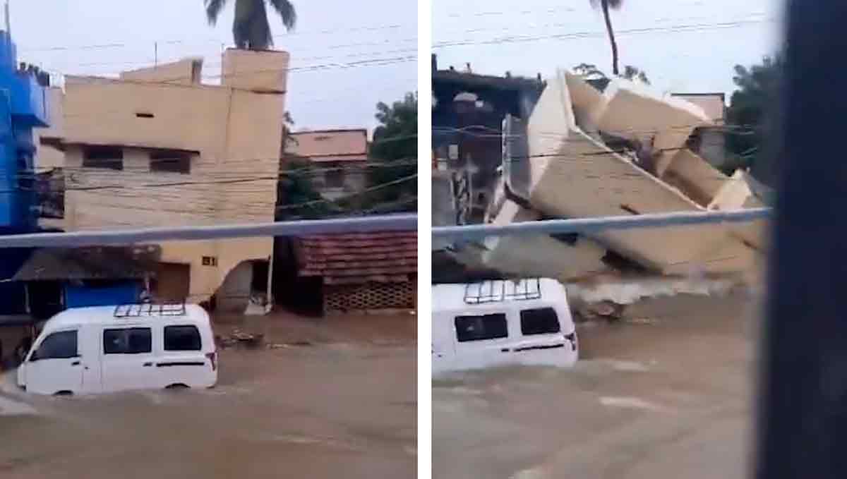 インドでの豪雨により家が崩壊する瞬間を捉えたビデオ。写真およびビデオ：Twitter @TenkasiWeatherより再現