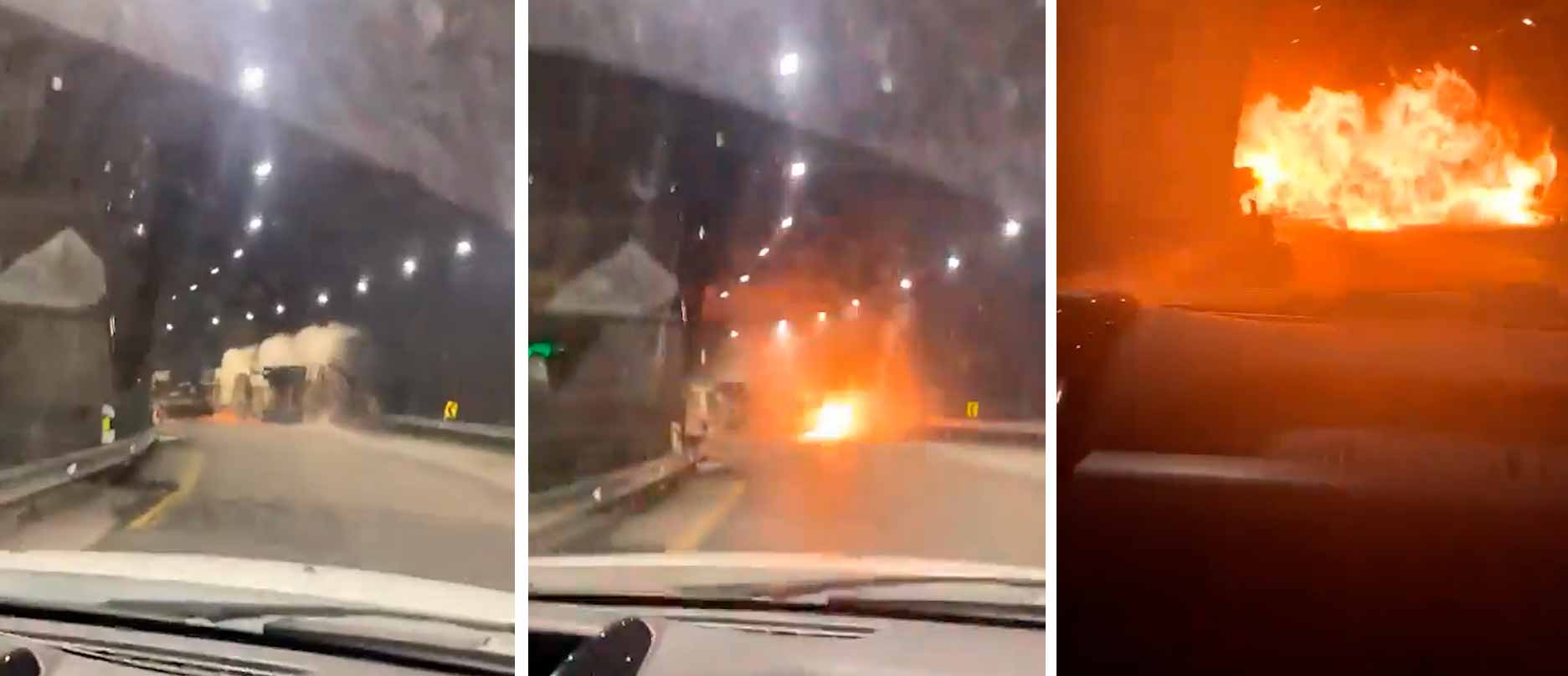 Video viser eksplosionen af en tankbil i Quebrada Blanca tunnelen i Colombia. Foto og Video: Gengivelse Twitter @DisasterTrackHQ