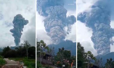 Vídeos mostram enorme erupção no vulcão Marapi, na província de Sumatra Ocidental, na Indonésia. Vídeos e fotos: Reprodução Telegram Disaster_News e Twitter @volcaholic1