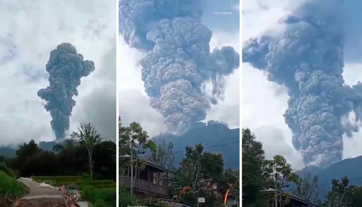Videos zeigen gewaltigen Ausbruch des Marapi-Vulkans in der Provinz West-Sumatra, Indonesien. Videos und Fotos: Reproduktion Telegram Disaster_News und Twitter @volcaholic1
