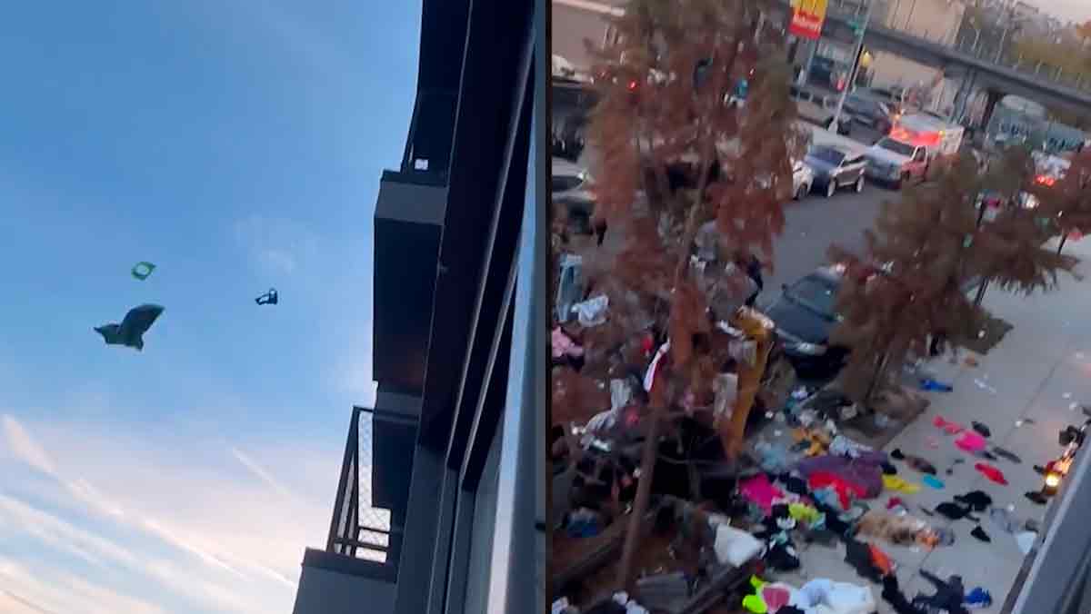 Video: Kvinne kaster klær og andre gjenstander fra balkongen i sjette etasje etter å ha oppdaget kjærestens utroskap. Bilder og video: Gjengivelse Tiktok @thisisnyc