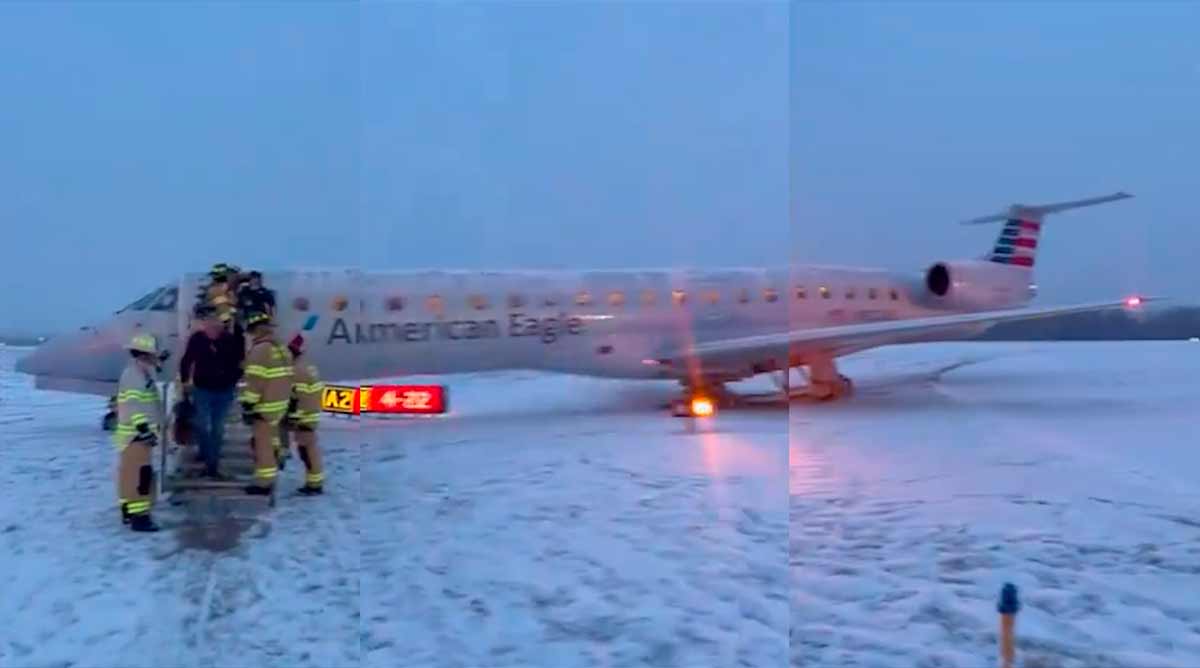Embraer E145 met 53 passagiers glijdt van besneeuwde landingsbaan op luchthaven van New York