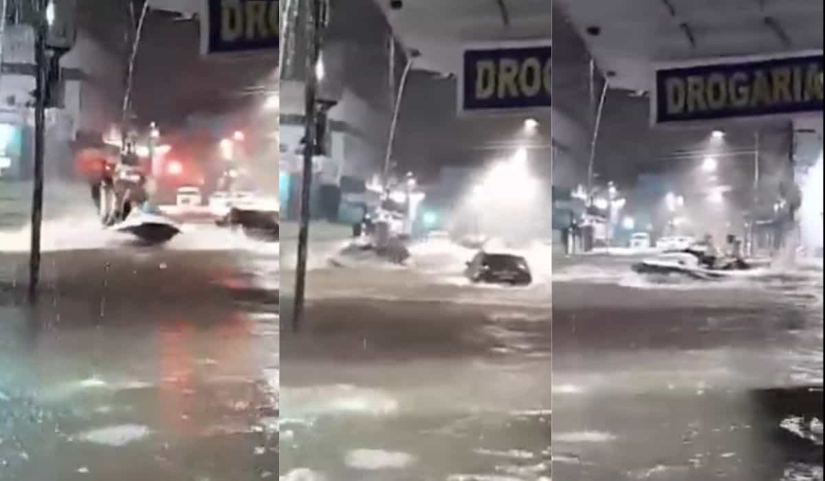 Video: Mies nousee viraliksi vesiskootterillaan tulvivilla kaduilla