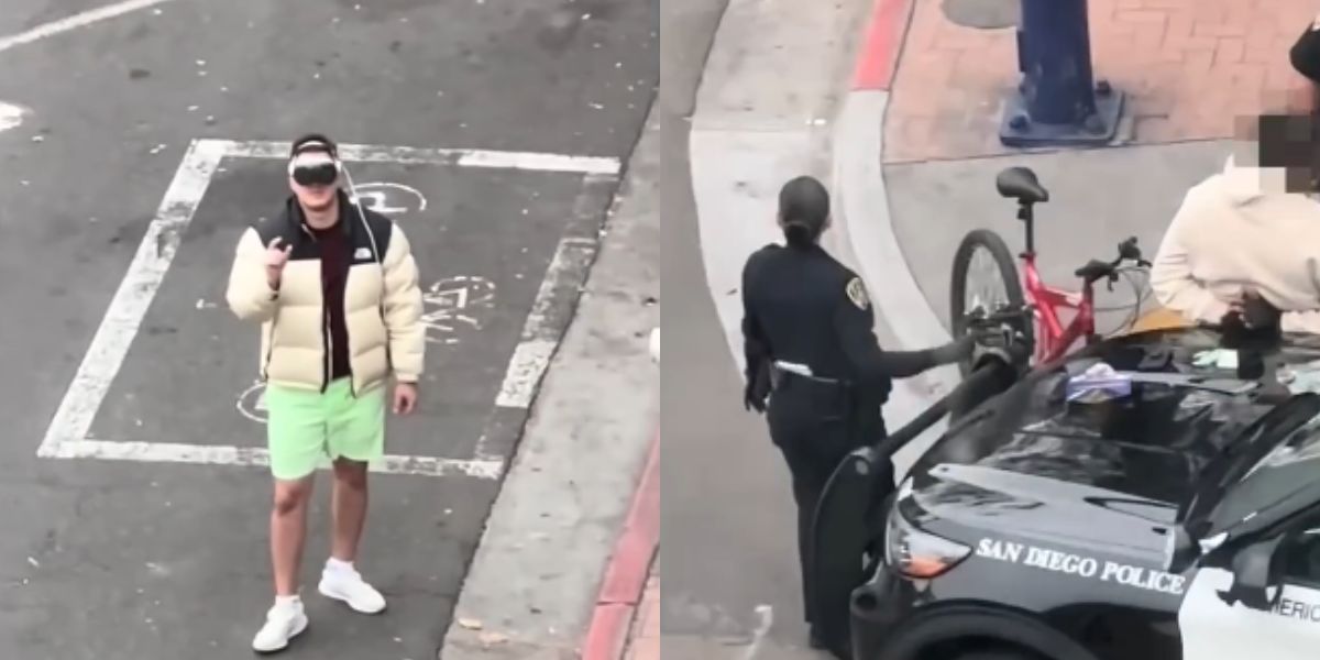 Een onoplettende voetganger loopt over straat met een Apple-bril op en de politie waarschuwt voor de gevaren. Foto: Reproductie Instagram @sandiegopd