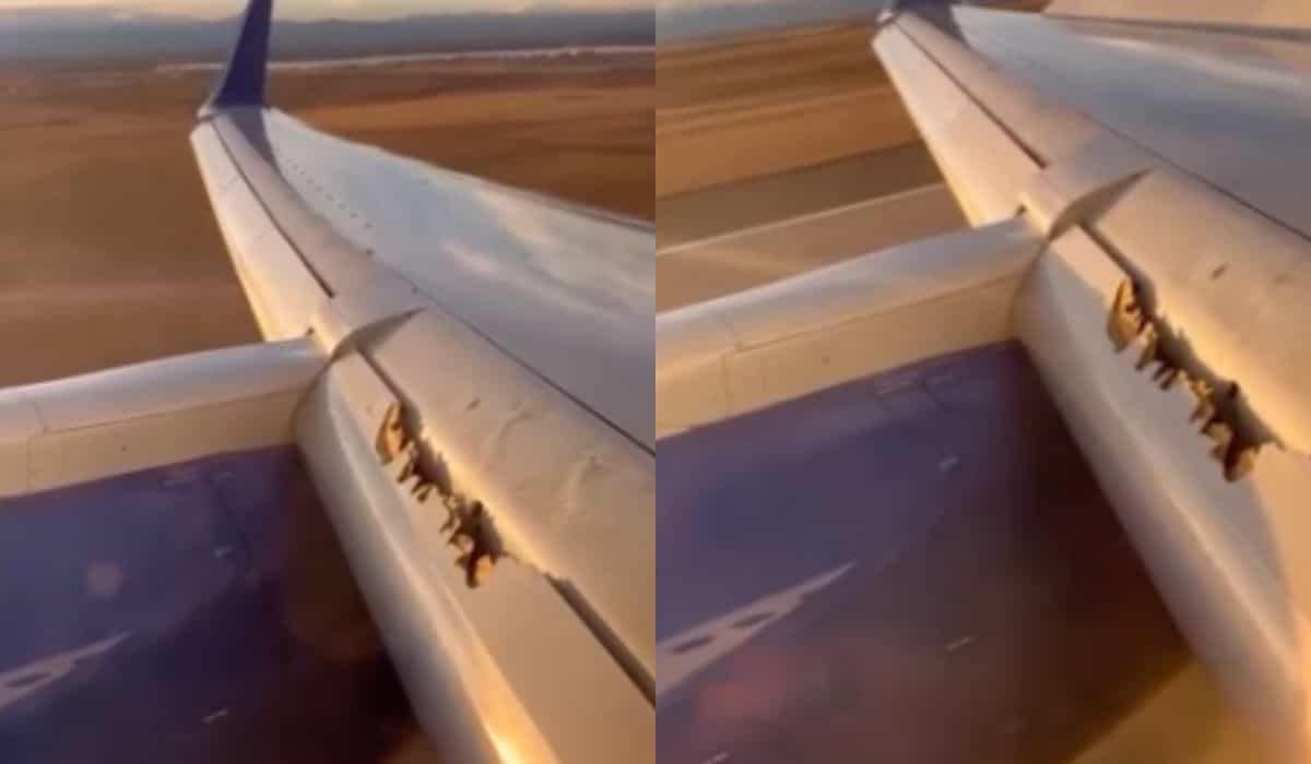 In un video scioccante, un passeggero filma l'ala di un Boeing che si disintegra durante un atterraggio di emergenza. Foto: Riproduzione Instagram @knclarke