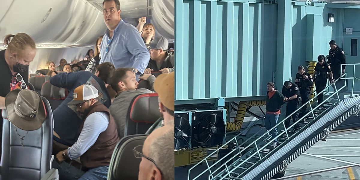 Uno dei passeggeri ha catturato il momento in cui l'uomo che ha tentato di aprire la porta dell'aereo è stato fermato. Foto: Riproduzione X @DonnieDoesWorld