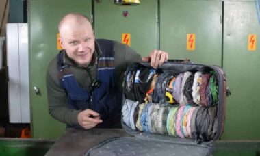 Casal finlandês comprime itens de viagem em mala de mão usando prensa hidráulica de 150 toneladas