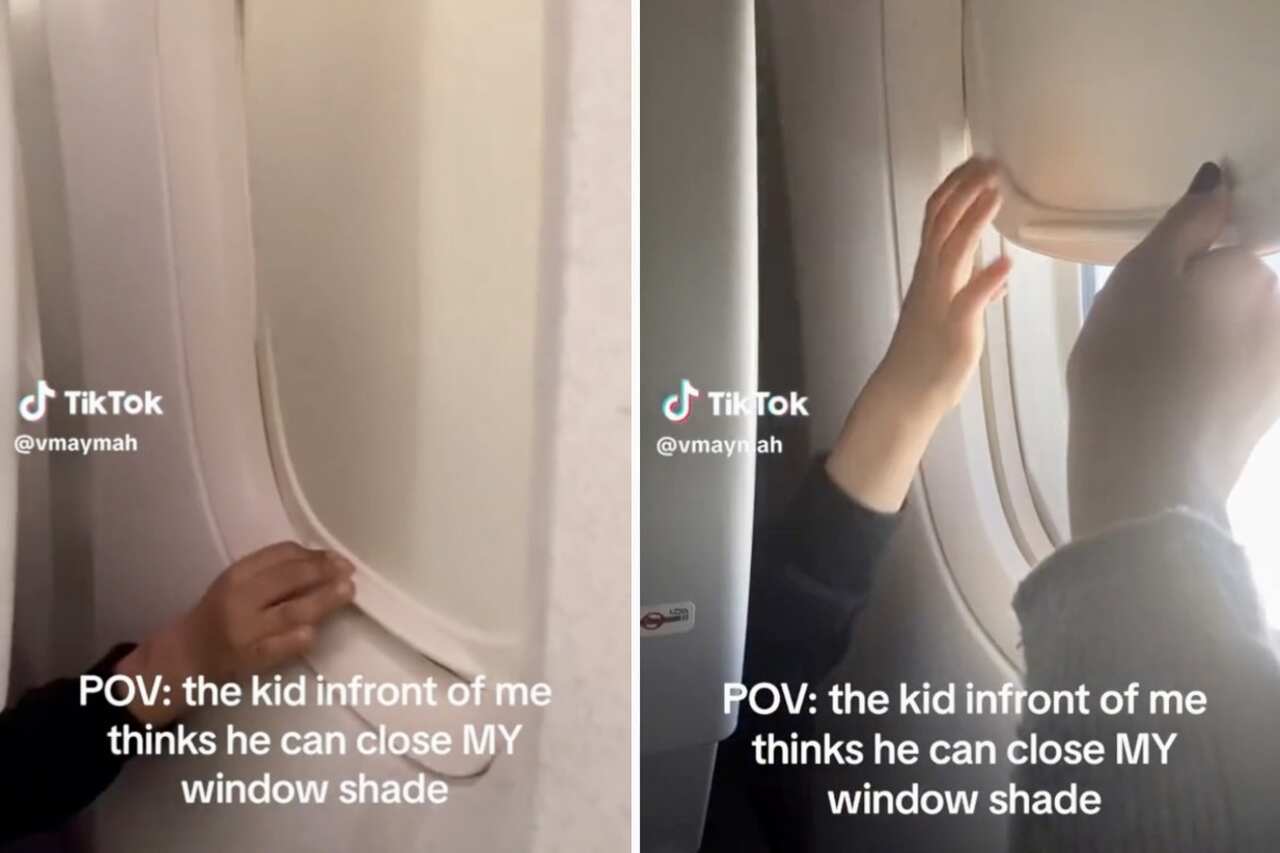 Passagier "strijdt" met kind om het raam van het vliegtuig open te houden. Foto: Reproductie TikTok
