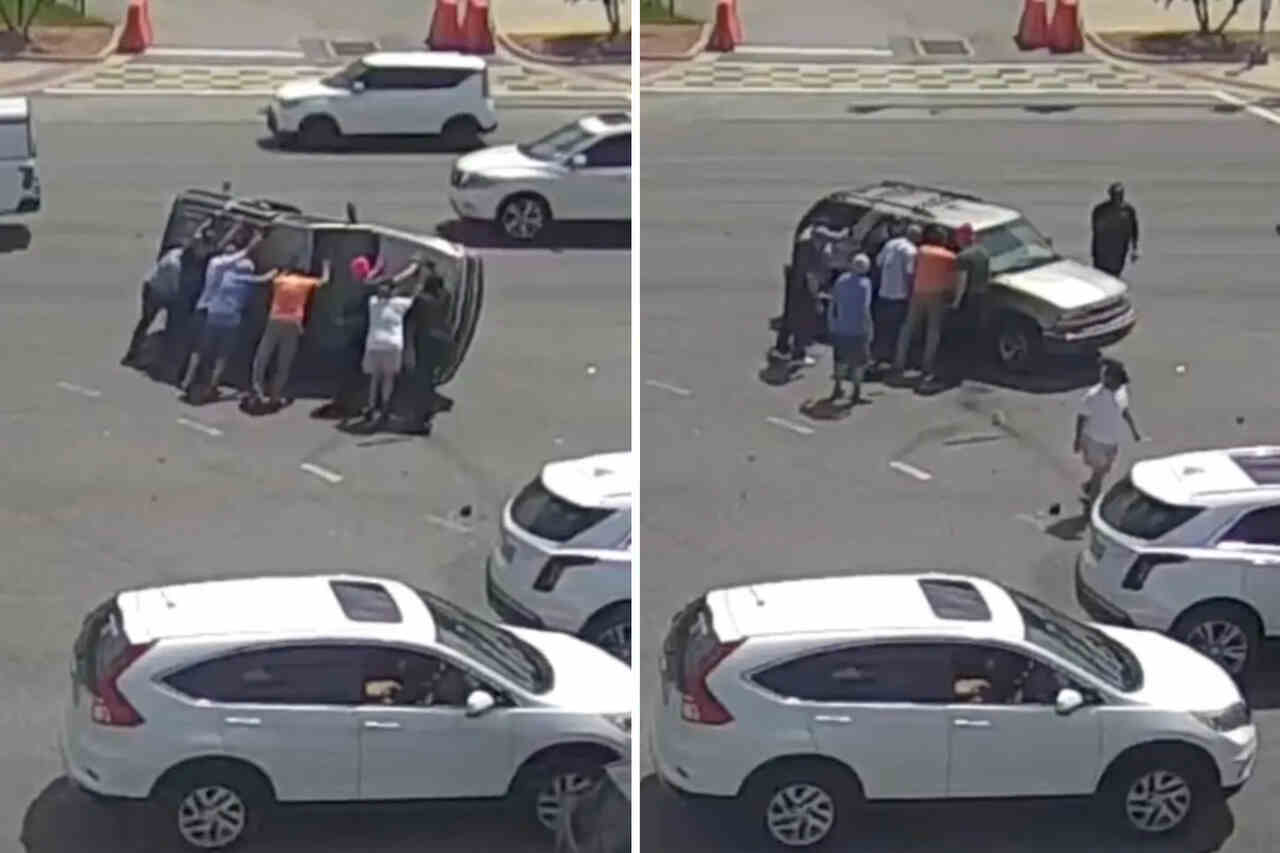 Osiem osób połączyło siły, aby uratować pasażerów SUV-a, który przewrócił się po wypadku