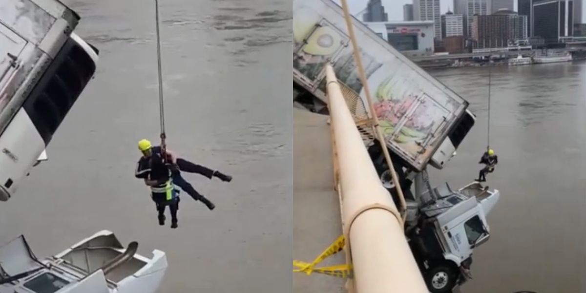 Dramatyczne wideo pokazuje ratowanie kobiety przez strażaków z zawieszonej na moście ciężarówki