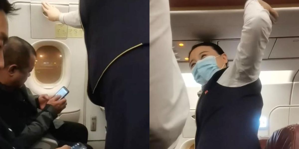 Stewardesa trzyma drzwi awaryjne zamknięte po tym, jak pijany pasażer próbuje je otworzyć