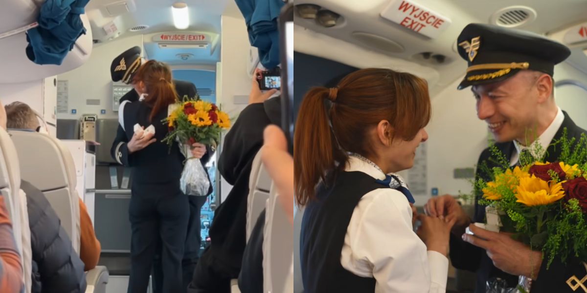 Pilota chiede alla fidanzata di sposarlo davanti ai passeggeri in un video emozionante