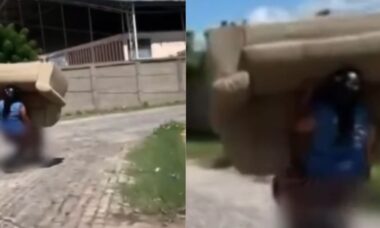 Vídeo bizarro: Motociclista é flagrado no Brasil transportando sofá junto de uma mulher