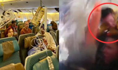 Vídeo tenso: Passageiros de voo da Singapore Airlines são jogados para o teto depois de passar por turbulência