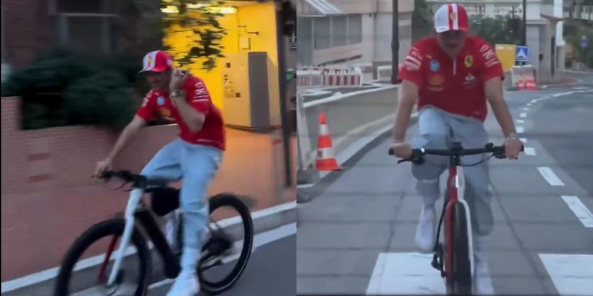 Charles Leclerc wordt gezien terwijl hij na het winnen van de Grand Prix van Monaco van de F1 casual op zijn fiets rijdt