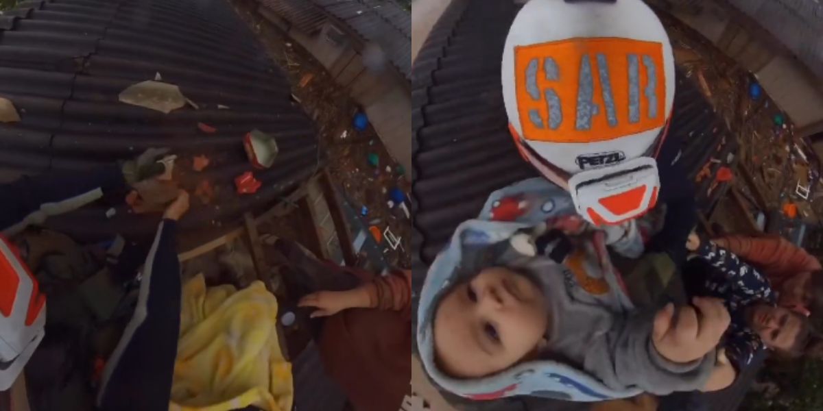 Vídeo dramático: Soldado do Exército brasileiro quebra telhado para salvar um bebê da enchente 