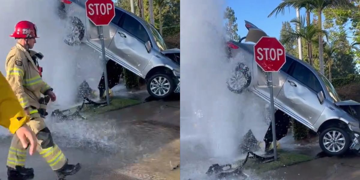 Vídeo: Hidrante jorra água e deixa carro suspenso no ar depois de acidente
