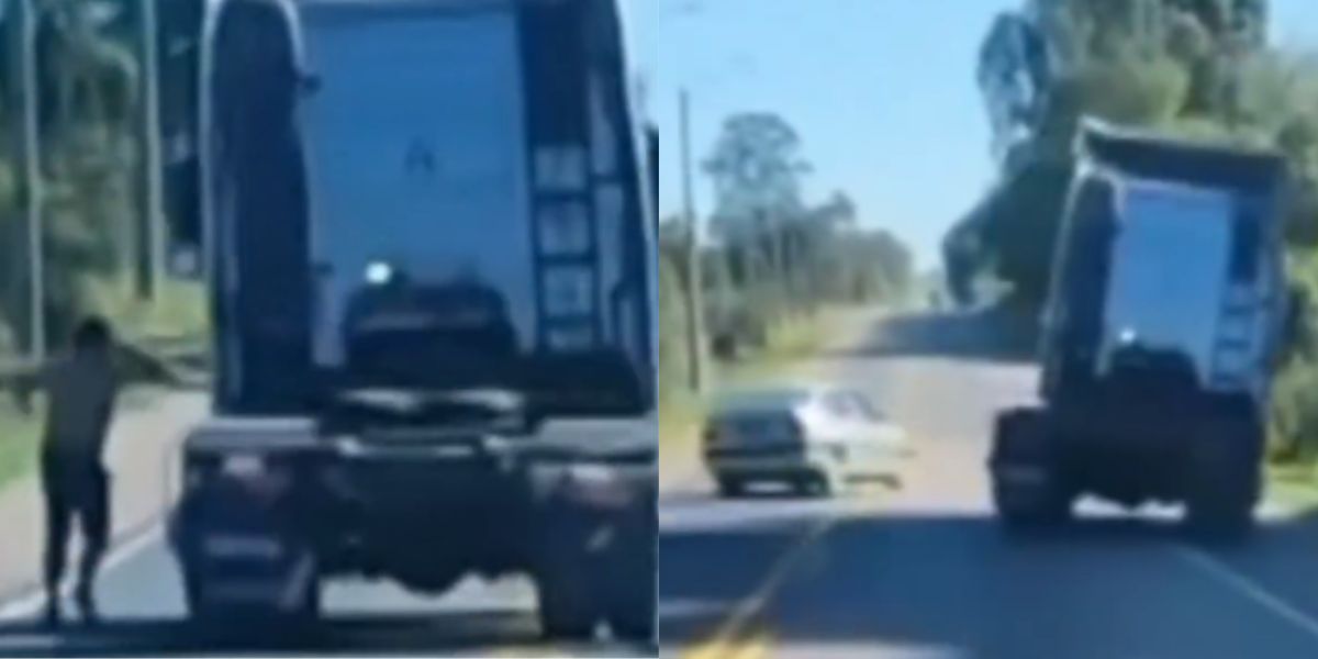 Vídeo: Motorista tenta agredir caminhoneiro depois de ter o carro arrastado em estrada