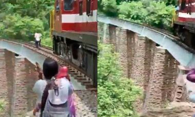 Vídeo assustador: Casal pula de ponte de 27 metros de altura para escapar de trem