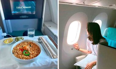 Korean Air diz que não vai mais oferecer macarrão instantâneo por conta de risco de queimaduras. Fotos: Instagram @koreanairworld