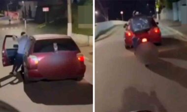 Motorista brasileiro colide carro com casa após subir do teto do veículo em manobra imprudente. Fotos: Reprodução Facebook Jornal Litoral