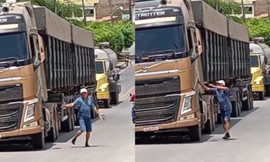 Caminhoneiro faz dança embriagado depois de largar veículo em movimento em estrada do Brasil