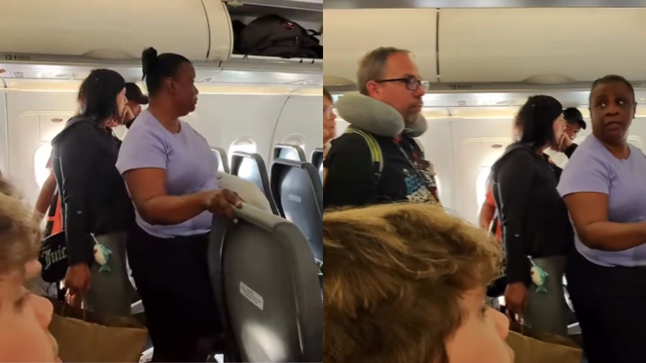 Frontier Airlines passenger blocks plane aisle so daughter can get off first, causing chaos on the flight